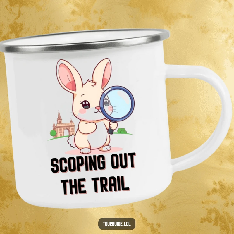 Funny little rabbit holding an oversized magnifying glass to a landmark on a durable camping mug.