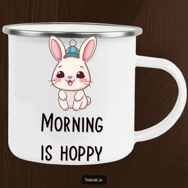 Funny Rabbit Hat Camping Mug: A cheerful rabbit character in a hat gives a welcoming grin, perfect for outdoor enjoyment.