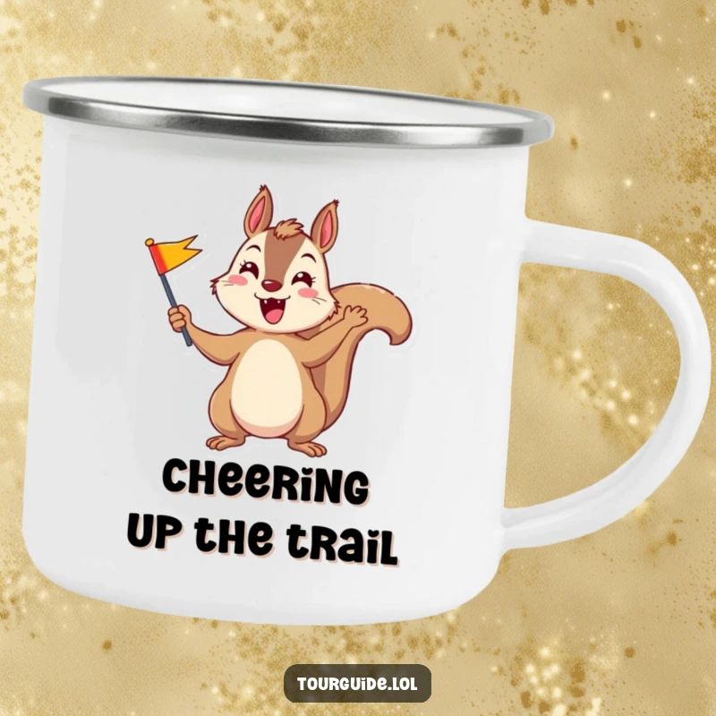 Funny squirrel enthusiastically waving a colorful flag on a durable camping mug.