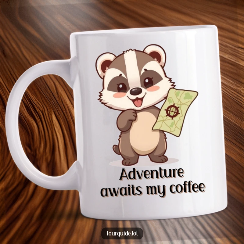Funny cute badger cub enthusiastically pointing at a map with glee, on a cheerful mug.