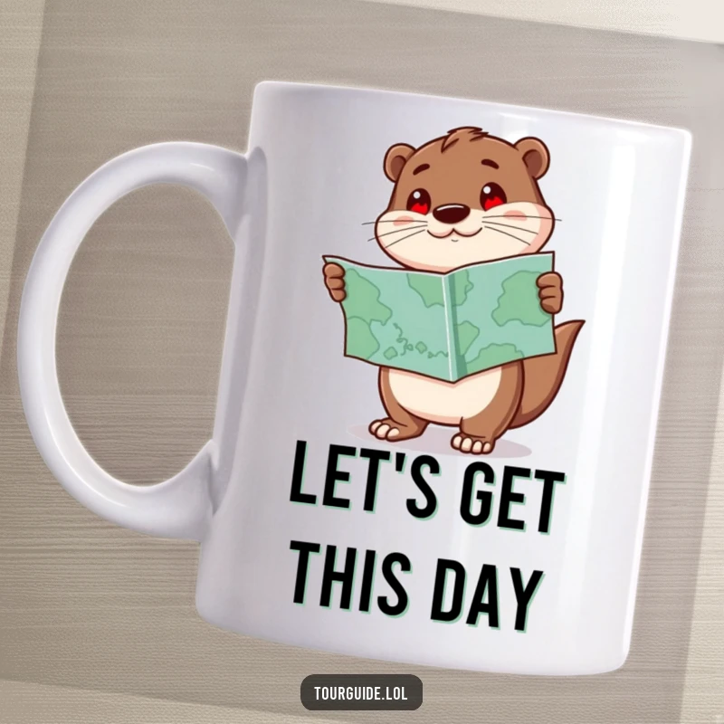 Funny Otter Mug: An enthusiastic otter character holds a map and points forward, ready for exciting journeys.
