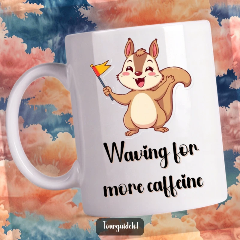 Funny playful squirrel enthusiastically waving a small, colorful flag on a cheerful mug.