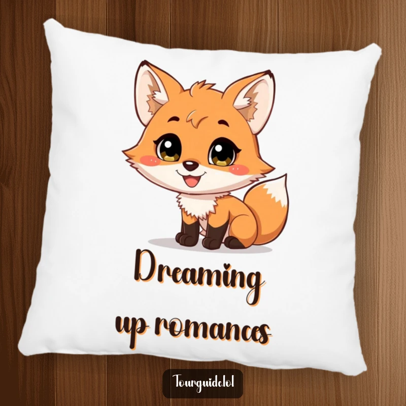 A soft pillow featuring a funny fox cub with a wide smile, narrating a scene.