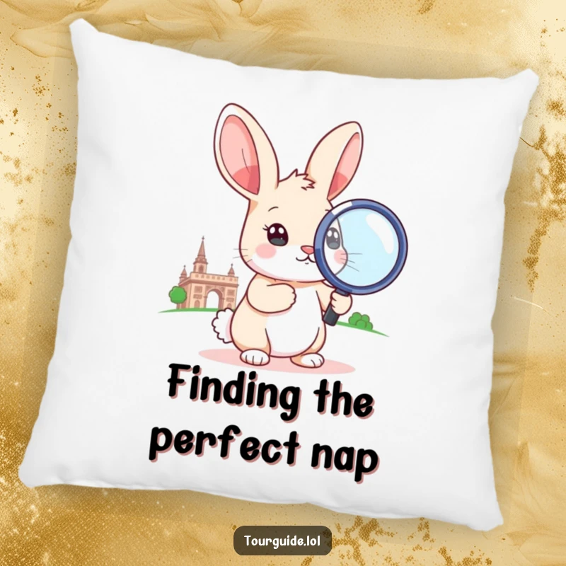 A soft pillow featuring a funny rabbit holding a large magnifying glass to a landmark.