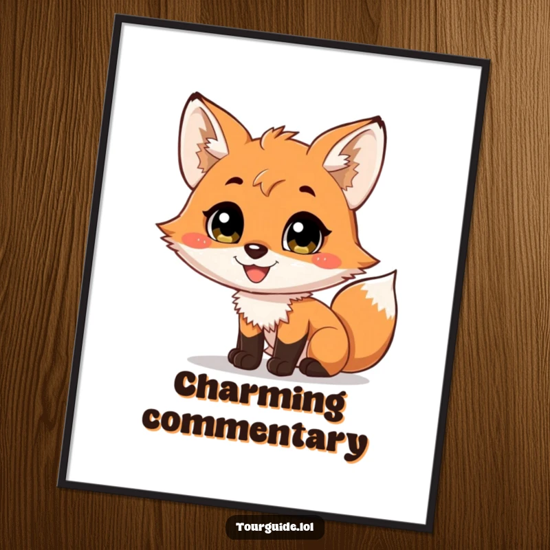Digital art print of a funny, charming fox cub with a wide smile, narrating a scene.