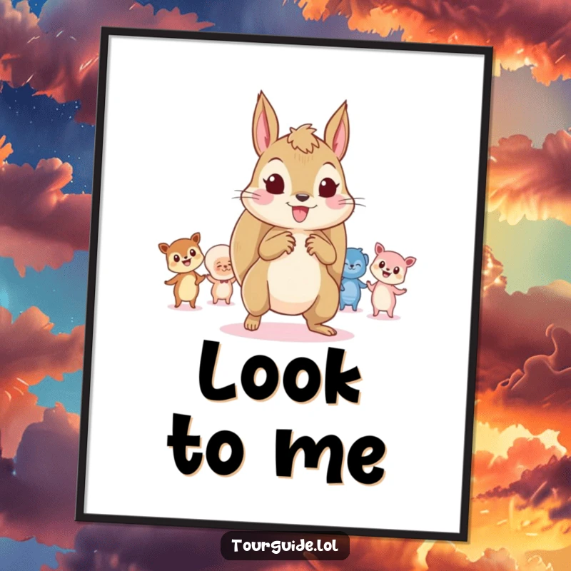 Funny Squirrel Leader Digital Art: A playful squirrel character leads tiny, curious onlookers, symbolizing fun leadership.