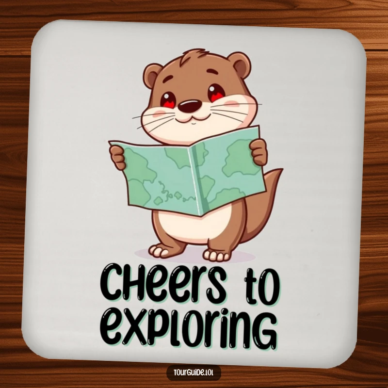 Funny Otter Coaster: An enthusiastic otter character holds a map and points forward, a humorous touch for your drinks.