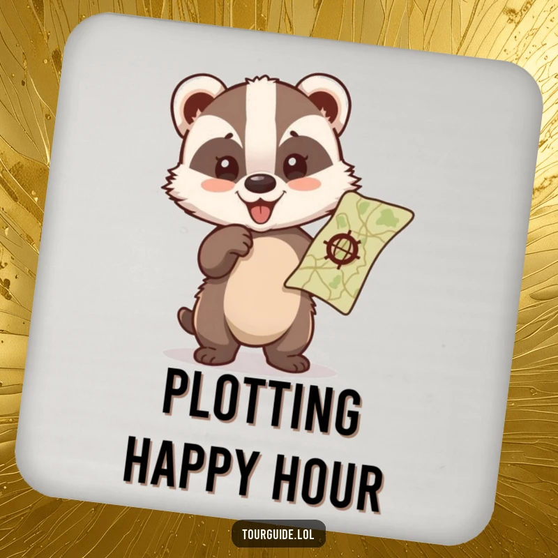 A funny badger cub pointing at a map with glee, featured on a protective drink coaster.