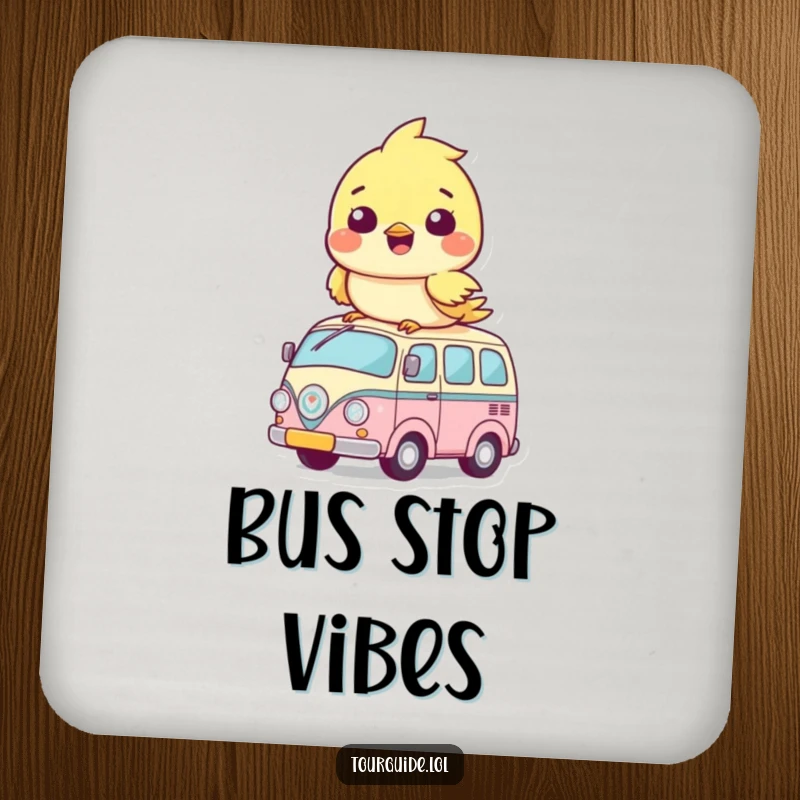 Funny Drink Coasters: A cute bird cub humorously rides its own tiny bus, protecting your furniture with charm.