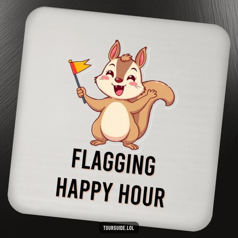 A funny squirrel enthusiastically waving a small, colorful flag, featured on a protective drink coaster.