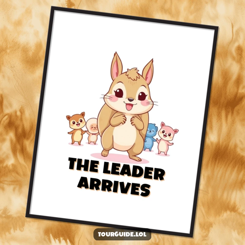 Funny Squirrel Leader Poster: A playful squirrel character leads tiny, curious onlookers, symbolizing engaging leadership.