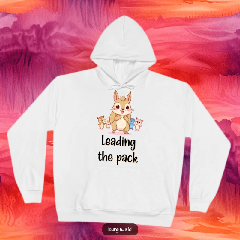 Funny Squirrel Leader Hoodie: A playful squirrel character leads tiny, curious onlookers, offering warmth and humorous direction.