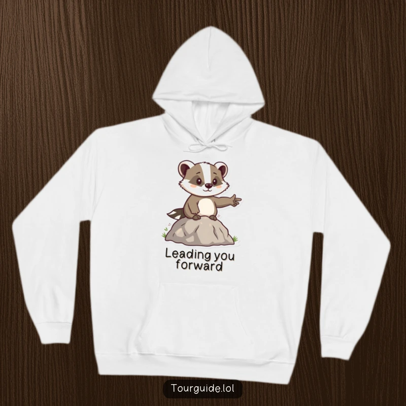 Funny Badger Leader Hoodie: A determined badger character stands atop a hill, pointing the way with solid resolve.
