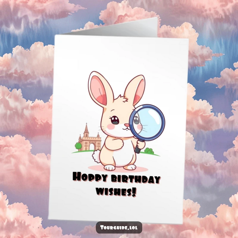 Funny Free Printable Birthday Card featuring a little rabbit holding a large magnifying glass to a landmark.