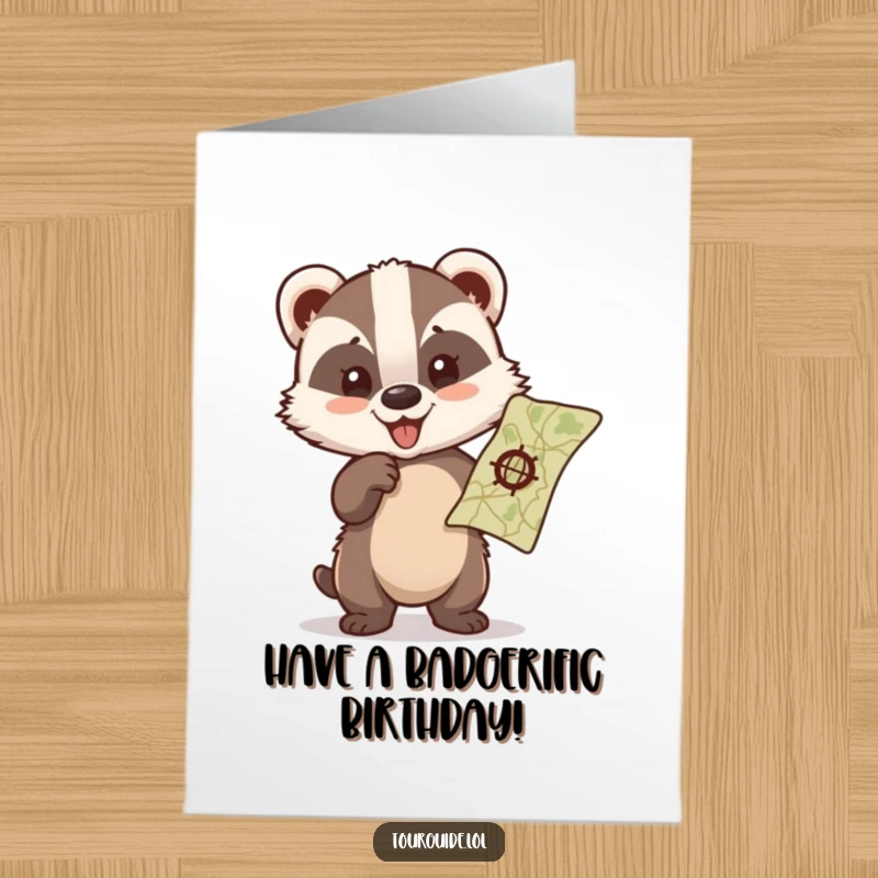 Funny Free Printable Birthday Card showing a cute badger cub excitedly pointing at a map, ready for adventure.