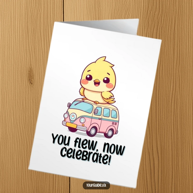 Funny Free Printable Congrats Card: A happy bird cub rests on its tiny bus, celebrating a special achievement with a smile.