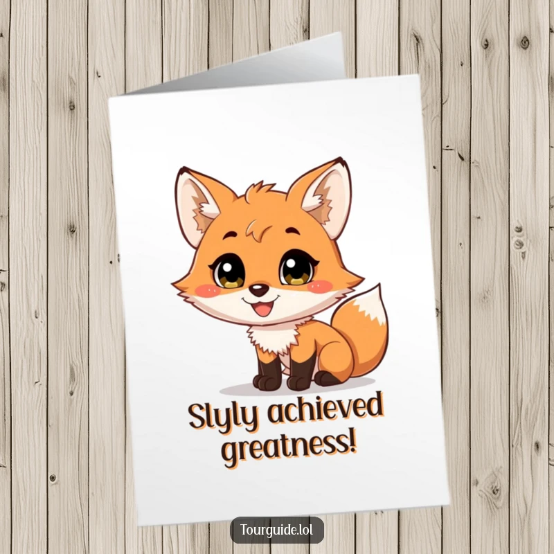 Funny Free Printable Congratulations Card showing a happy fox cub narrating a scene with a big smile.