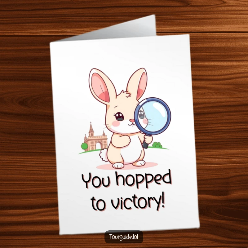 Funny Free Printable Congratulations Card showing a curious rabbit examining a landmark with a magnifying glass.