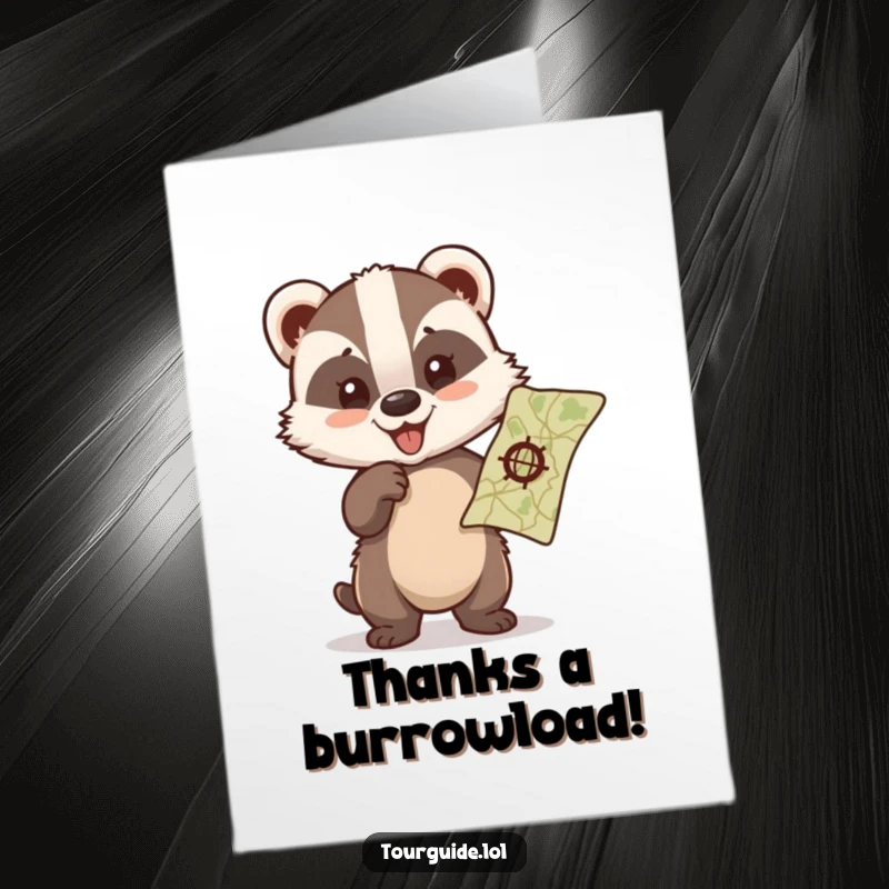 Funny Free Printable Thank You Card of a cute badger cub joyfully pointing at a map, expressing thanks.