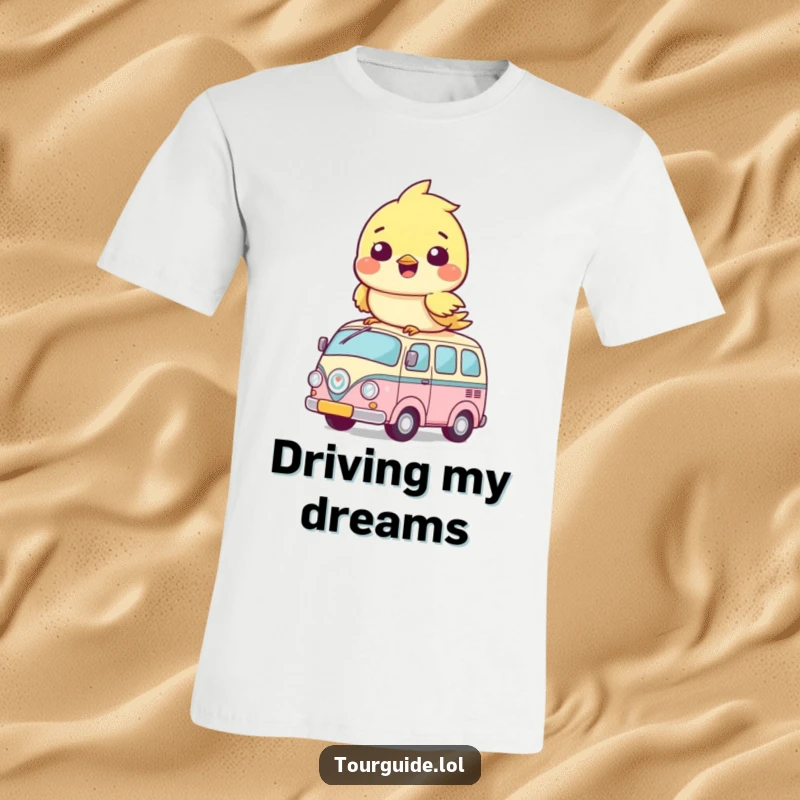 Funny T-Shirts: A cheerful bird cub sits atop its own tiny bus, a funny and heartwarming scene.