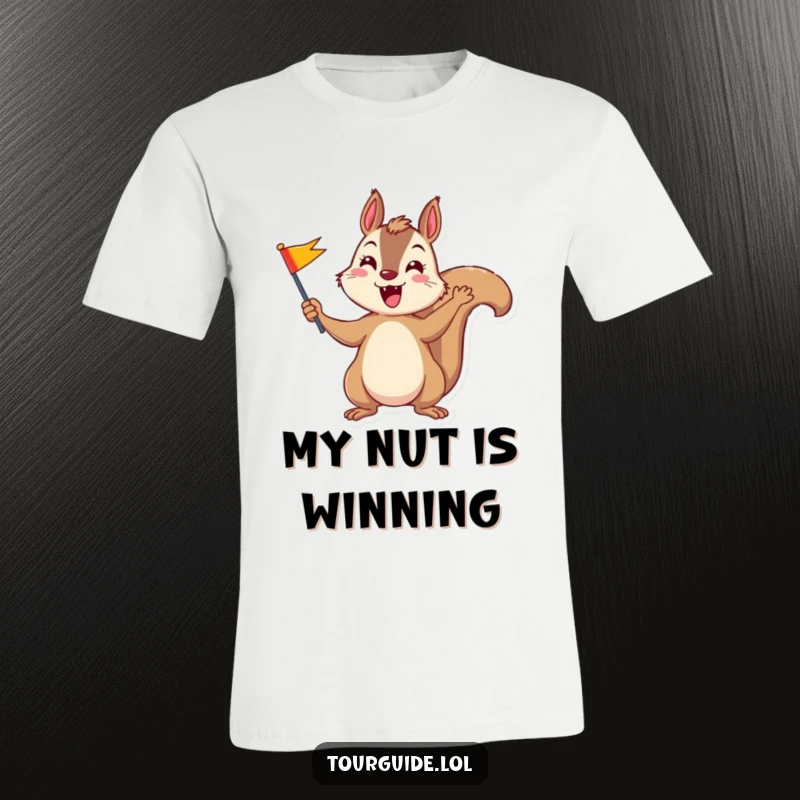 A playful squirrel energetically waving a small, colorful flag on a funny t-shirt.