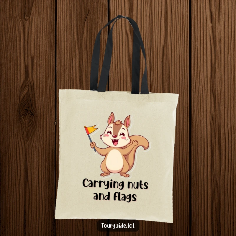 A playful squirrel joyfully waving a small, colorful flag, featured on a durable and funny tote bag.